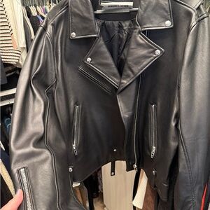 Blank NYC Black Leather Biker Jacket with Asymmetrical Zipper and Waist Belt
